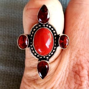 New Coral & Garnet 925 Silver Ring.